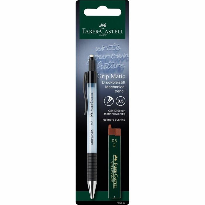 FABER-CASTELL 1375 Portaminas Grip Matic 0.5mm con 12 Minas de Recambio Colores Azul y Negro