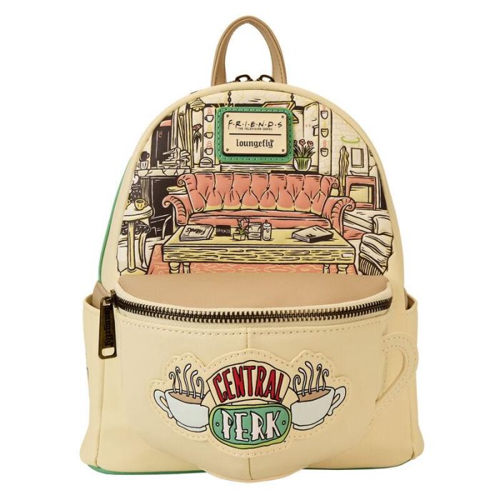 Loungefly Mochila Friends Central Perk 26cm Piel Vegana. Con tirantes ajustables, herrajes dorados y detalles en relieve.