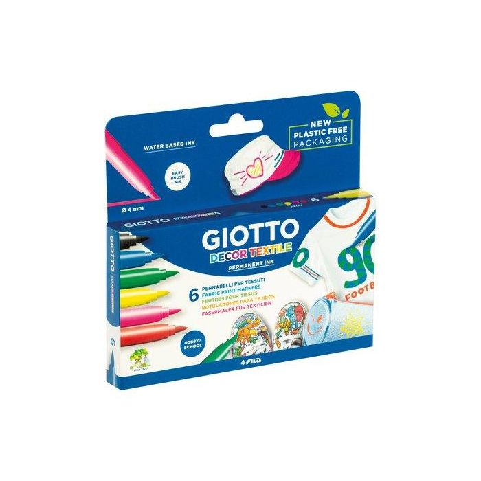 Giotto Decor Textile Rotuladores para Camisetas Caja 6 Unidades Colores Surtidos Punta Pincel Tinta Permanente