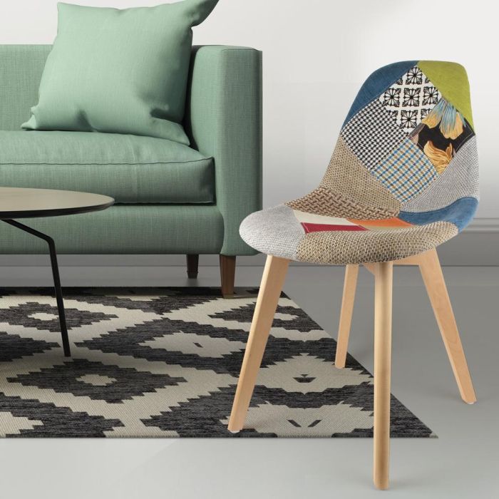 Home Deco Factory Silla Patchwork Diseño Escandinavo Patas Madera Asiento Tela 87x54x47 cm 4