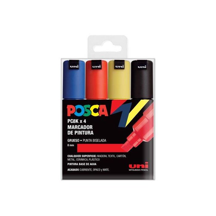 POSCA Marcador Pc-8K-4C No Permanente, Punta Biselada 8.0 mm, Tinta Base Agua, Colores Surtidos Basic - Estuche 4U