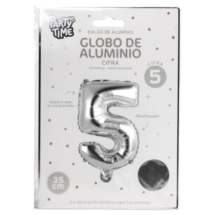 Globo Cifra 5 Plata Party Time altura 35 cm 1 Globo Cifra 5 Plata Party Time altura 35 cm 1