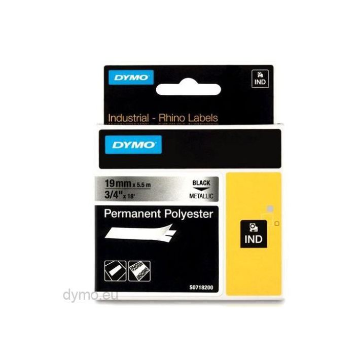 Dymo S0718200 Cinta de Etiquetas Industrial Adhesiva Id1-19 Negro Sobre Gris Metálico Plata Polyester 19 mm x 5.5 M
