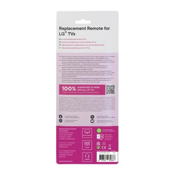 One For All Mando a Distancia de Repuesto para LG TV, Compatible con Netflix y Barras de Sonido, No Requiere Programación 3