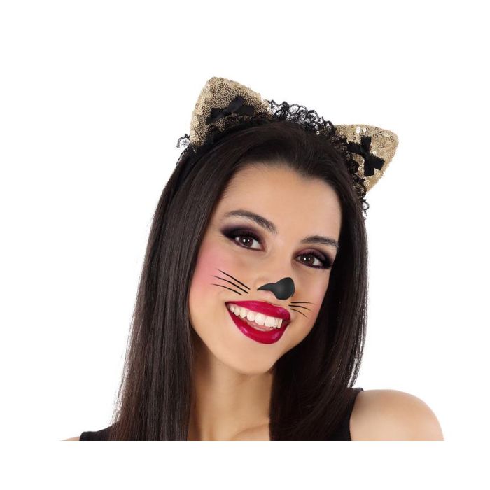 Diadema Orejas Animal Dorado Brillante Mujer Adulto Lentejuelas Encaje Disfraz Gata