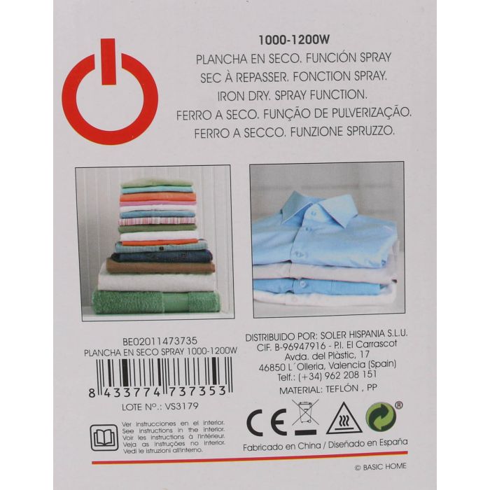 Plancha de Vapor Basic Home 1000-1200W (6 Unidades) 10 Plancha de Vapor Basic Home 1000-1200W (6 Unidades) 10