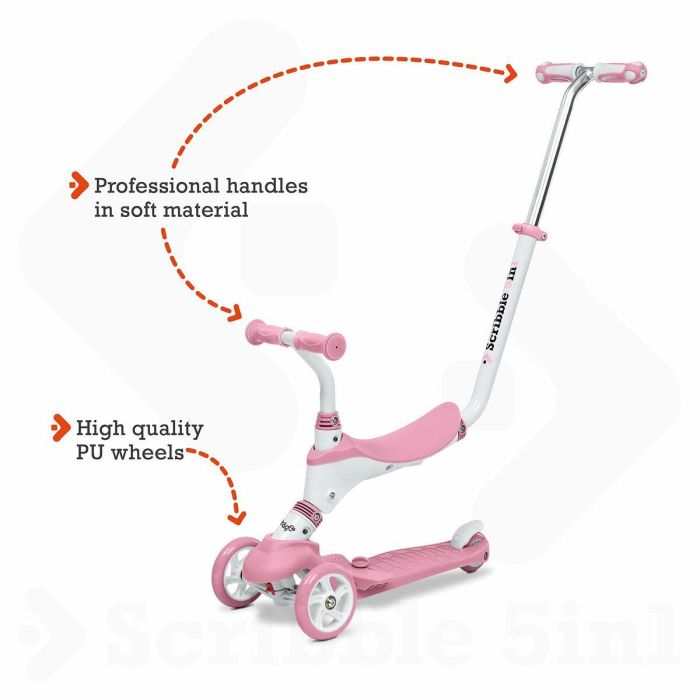 Mondo Scooter On and Go Scribble 5 en 1 plegable con 3 ruedas, manillar ajustable y freno trasero - Rosa 5