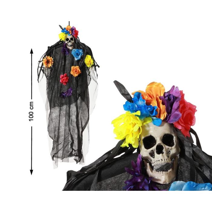 Figura Novia Calavérica Con Flores Gris Y Tul 100 cm Decoración Día De Los Muertos Esqueleto Adorno Colgante Temática Mexicana