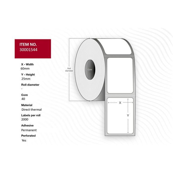 Capture Label 60 x 25 - Core 40. White. Uncoated. DT. Permanent. 2.000 labels per roll. 12 rolls per box Capture Label 60 x 25 - Core 40. White. Uncoated. DT. Permanent. 2.000 labels per roll. 12 rolls per box