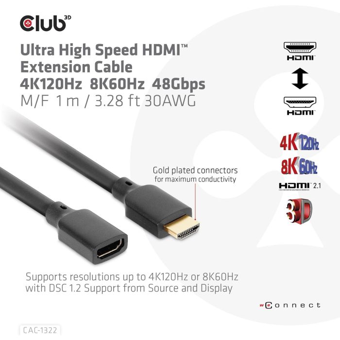 Club3D Cable HDMI 2.1 UHD Extensión 1 Metro Macho/Hembra St/Bu retail 1