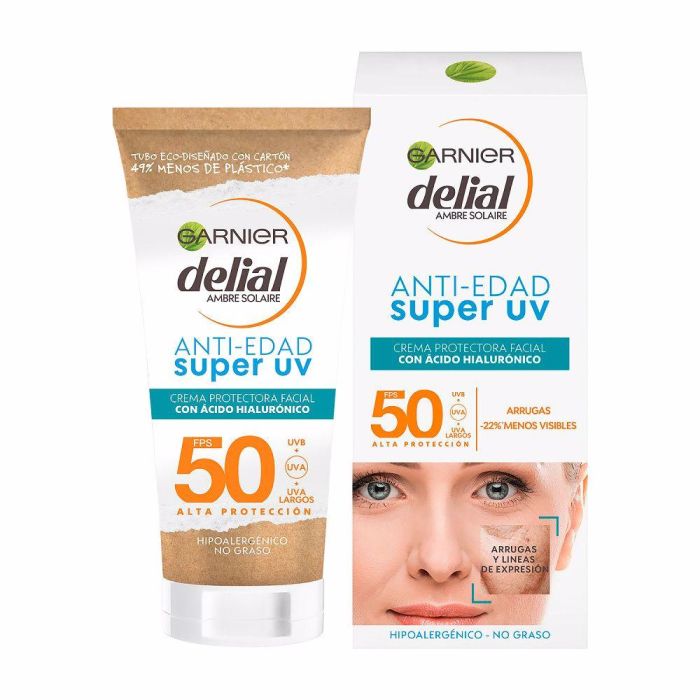 Garnier SUPER UV ANTI-EDAD Crema Facial SPF50 50 ml con Ácido Hialurónico
