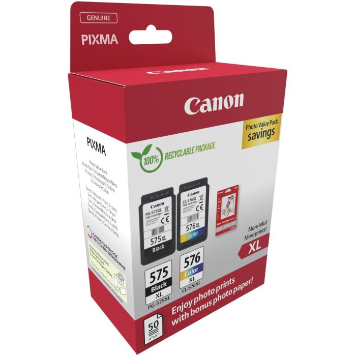 Canon Multipack Cartuchos Tinta PG-575XL y CL-576XL con Papel Fotográfico GP-501 Satinado 10x15 cm, Alto Rendimiento, 400 páginas Negro y 300 Color 1