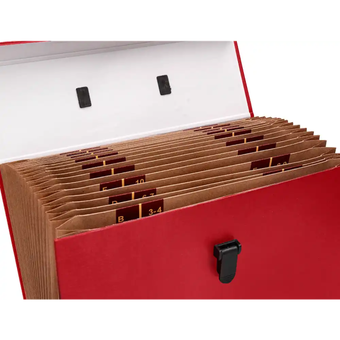 Liderpapel Maletín con fuelle 19 departamentos 255x390x120 mm cartón forrado color rojo 5