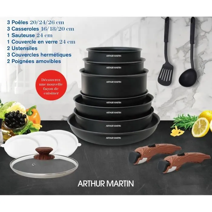 Arthur Martin AM1502 Juego de Utensilios de Cocina de 15 Piezas con Mango Extraíble Efecto Madera, Apto para Inducción 1