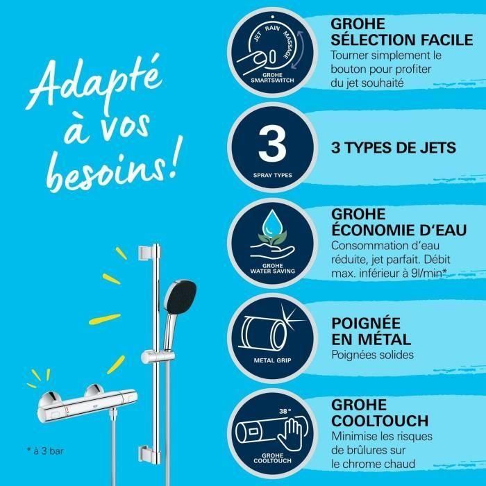 Set de ducha con mezclador termostático, rociador de 3 chorros, barra de 60 cm y flexo - GROHE 34237003 - Ahorro de agua - Cromo 3 Set de ducha con mezclador termostático, rociador de 3 chorros, barra de 60 cm y flexo - GROHE 34237003 - Ahorro de agua - Cromo 3