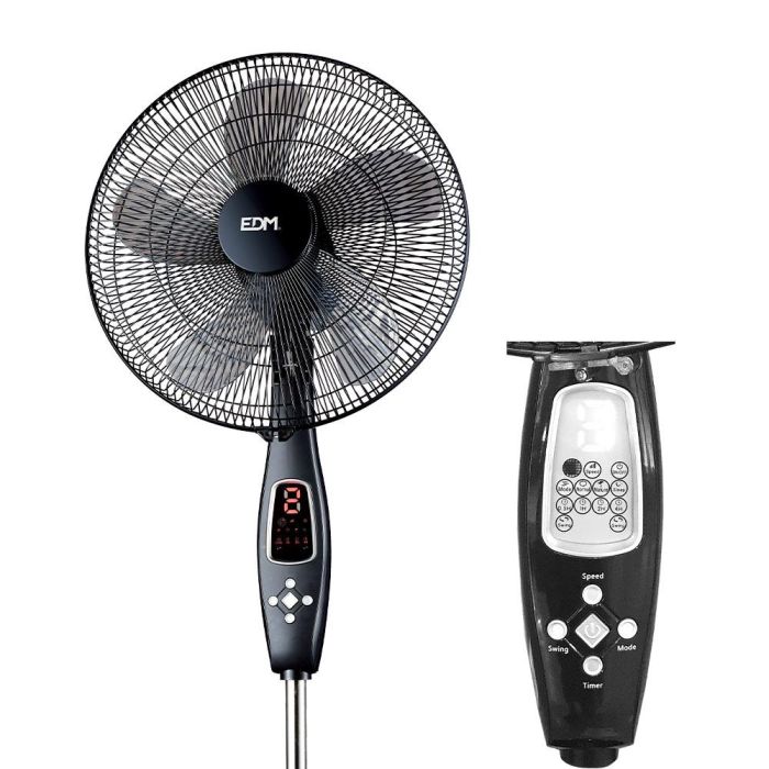 Ventilador de pie con mando a distancia. color negro. potencia: 60w aspas: ø40cm altura regulable 110-130cm edm 1