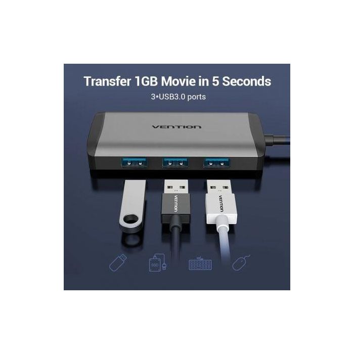 Vention CNCHB Docking USB Tipo-C 6 en 1 Hub con HDMI 4K, 3 USB 3.0, PD 87W, RJ45 Gigabit, Gris Aluminio 4