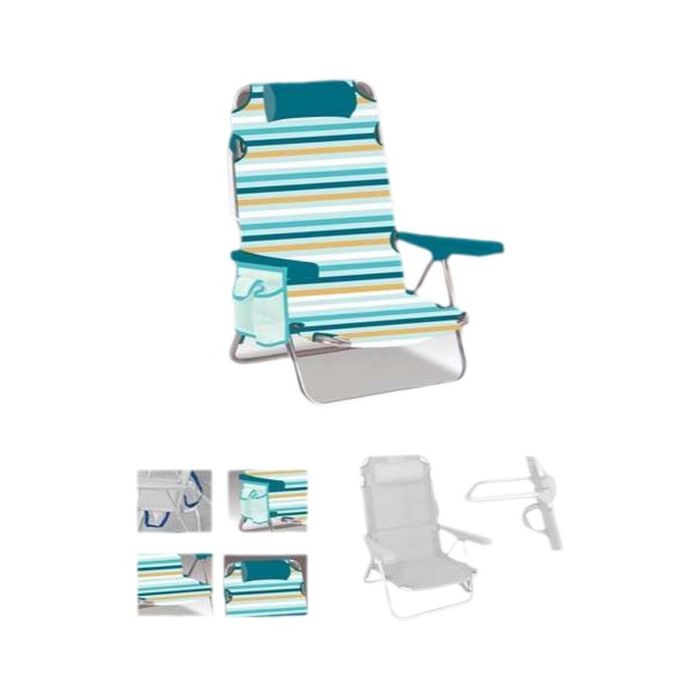 Silla playa aluminio multiposicion rayas con reposacabezas 25 cm, almohadilla y bolso lateral, 80x65x45cm, 25 cm altura asiento. Silla playa aluminio multiposicion rayas con reposacabezas 25 cm, almohadilla y bolso lateral, 80x65x45cm, 25 cm altura asiento.