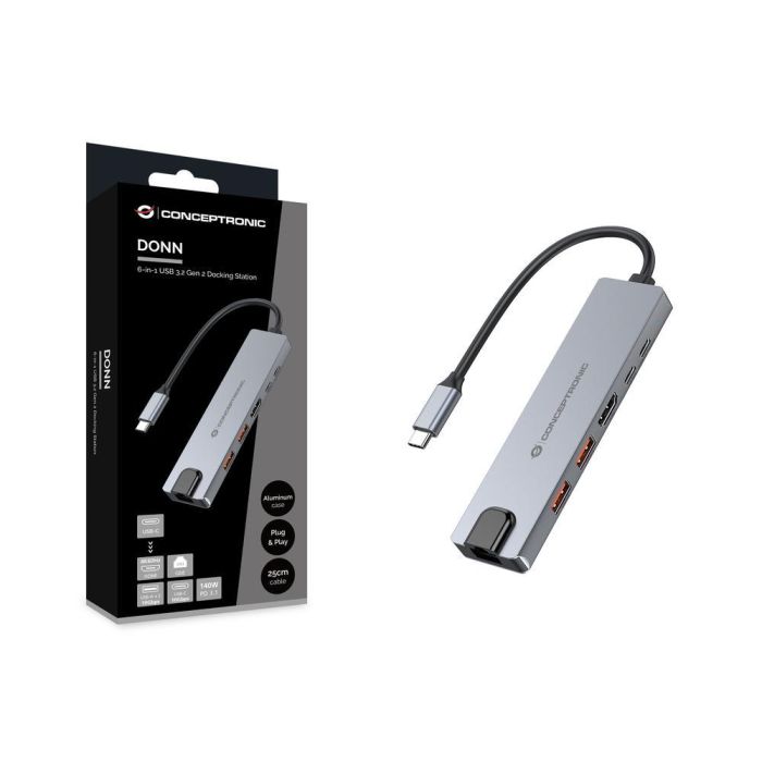 Conceptronic DONN29G Docking Station Gris USB Tipo-C, HDMI 4K@60Hz, USB 3.2 Gen 2, Gigabit Ethernet, USB PD 140W, 10Gbps 4