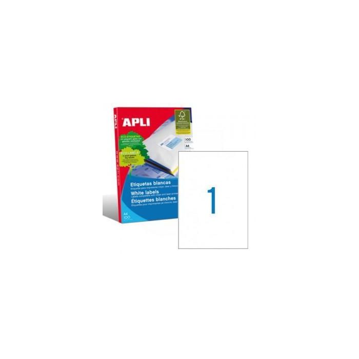 Apli Etiquetas Adhesivas Canto Recto 210x297 mm Inkjet-Láser Pack 100 Hojas Blanco