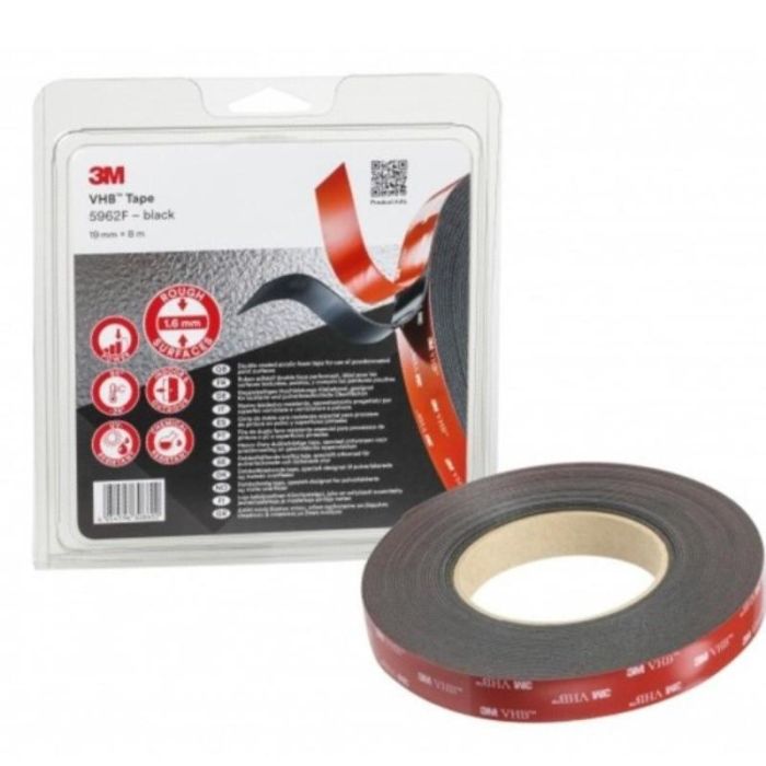 3M 5962F Cinta Acrílica VHB Adhesiva Doble Cara para Aplicación en Pintura en Polvo 19mm x 8m x 1.5mm Negra