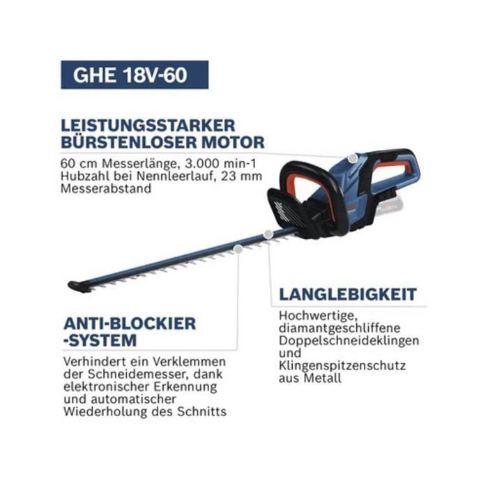 Bosch Professional GHE 18V-60 Cortasetos a batería, motor sin escobillas, 20mm corte, sistema antibloqueo 1