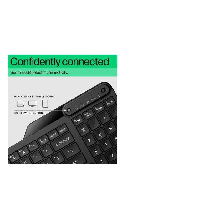 HP Compact Bluetooth keyboard supporting up to three devices, full-size layout, spill-resistant design, long battery life. 24