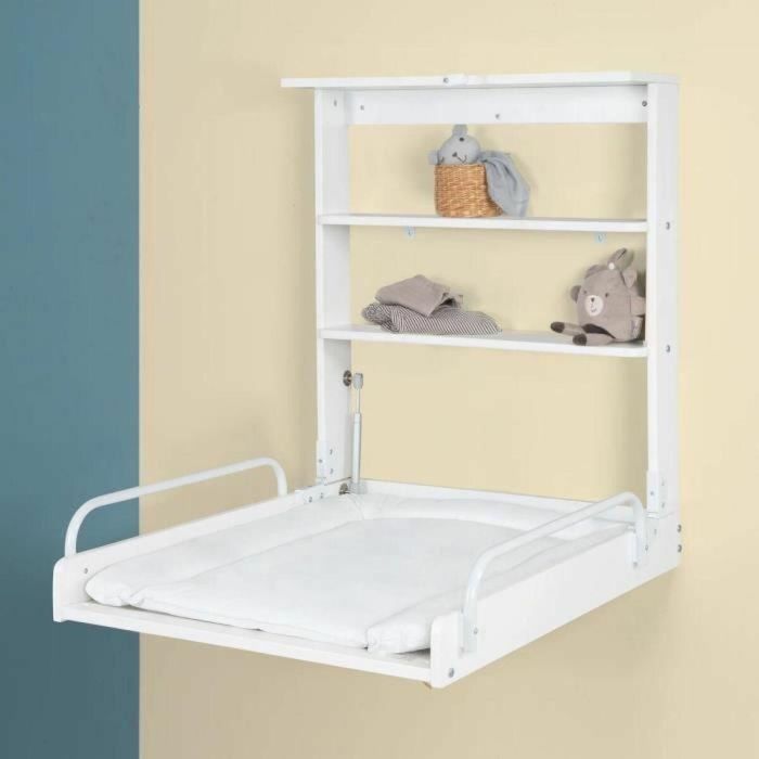Roba Cambiador Plegable de Pared con Colchón Impermeable, 2 Estantes Integrados, Madera Lacada en Blanco 5