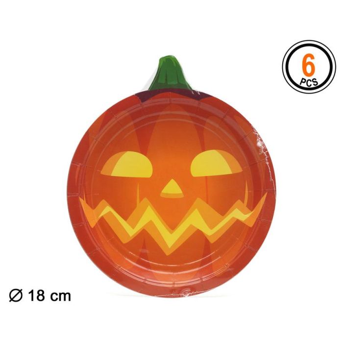 Pack de 6 Platos de Halloween Calabaza de 18 cm para Fiesta Infantil y Meriendas Temáticas