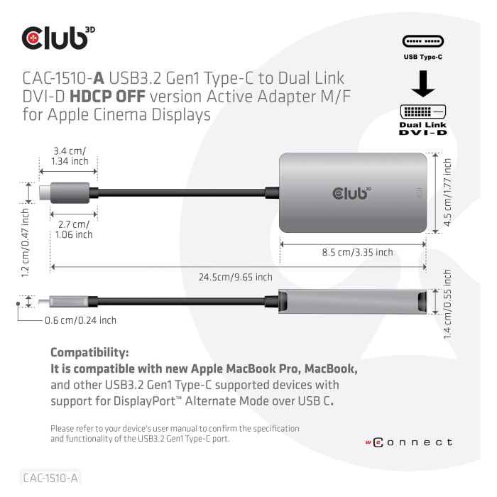 Club 3D CAC-1510-A Adaptador USB 3.2 Tipo C a DVI-D Dual Link, Soporte 4K@60Hz, Conector DisplayPort Alt Mode 5