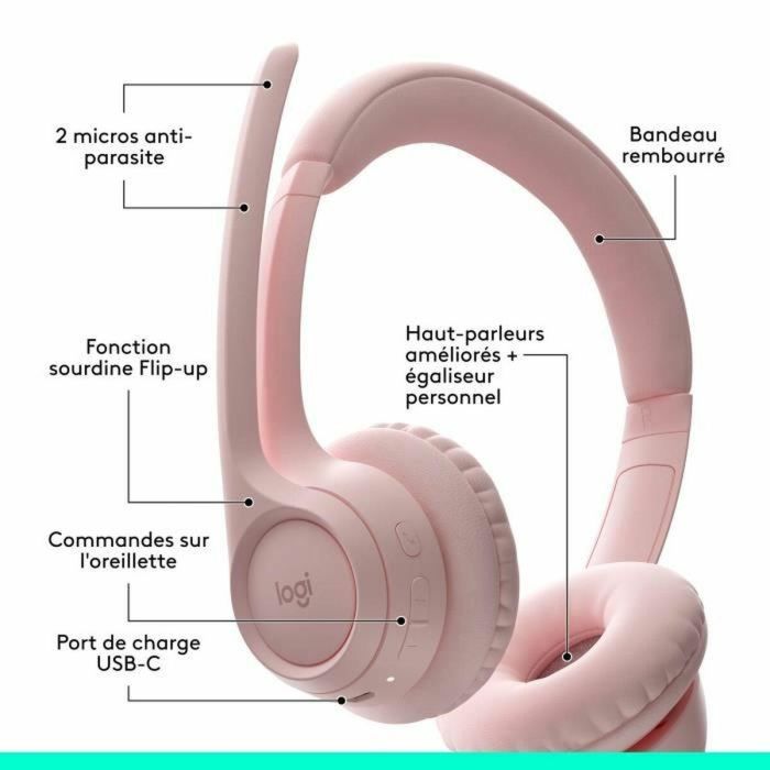 Auriculares inalámbricos Bluetooth para PC Logitech Zone 300 con micrófono con cancelación de ruido - Rosa 1