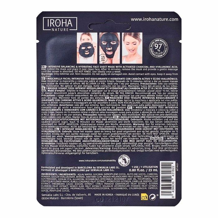 Iroha DETOX CHARCOAL BLACK Mascarilla Facial Tisú Detox Reequilibrante e Hidratante con Carbón y Ácido Hialurónico 1 uso