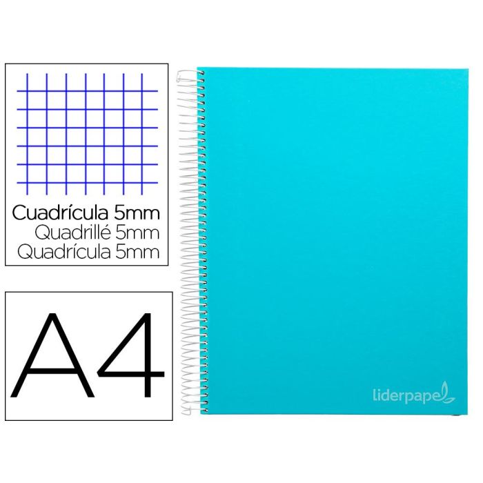 Cuaderno Espiral Liderpapel A4 Micro Jolly Tapa Forrada 140H 75 gr Cuadro 5 mm 5 Bandas4 Taladros Color Celeste