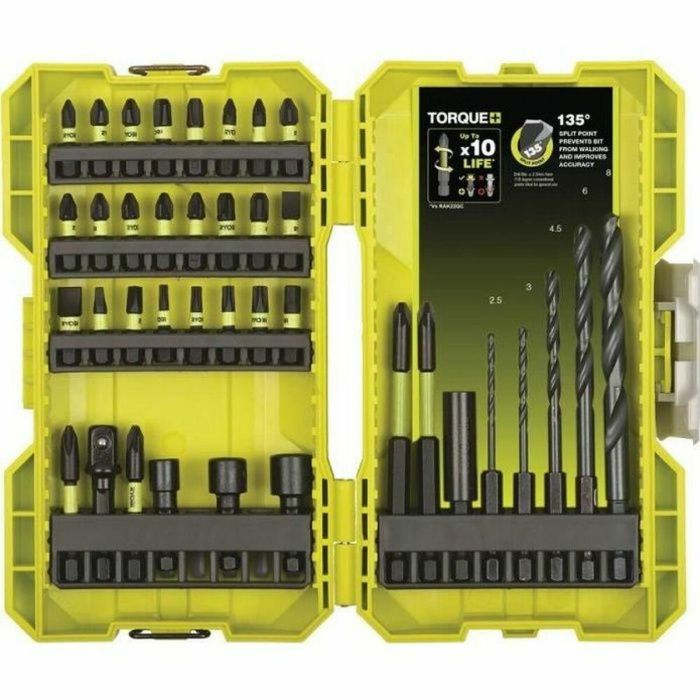 Ryobi Caja apilable de 38 accesorios mixtos impacto especial: taladrado, atornillado con brocas HSS, bits y enchufes