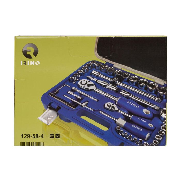 Irimo Juego Carraca 1/2 y 1/4 Pulg Vasos Hexagonales 1/2 (8-32mm) y 1/4 (4-13mm) 58 Piezas 129-58-4 1