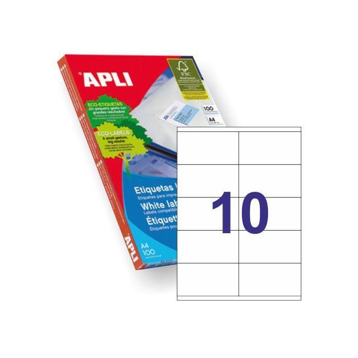 Apli Etiquetas Adhesivas 105x57 mm C-Rectos Inkjet-Láser 10x100H Blanco Pack 1000 Unidades Apli Etiquetas Adhesivas 105x57 mm C-Rectos Inkjet-Láser 10x100H Blanco Pack 1000 Unidades