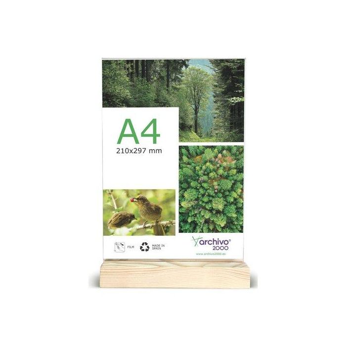 Expositor Sobremesa En Forma De T Con Base De Madera A4 Vertical Cristal/Madera