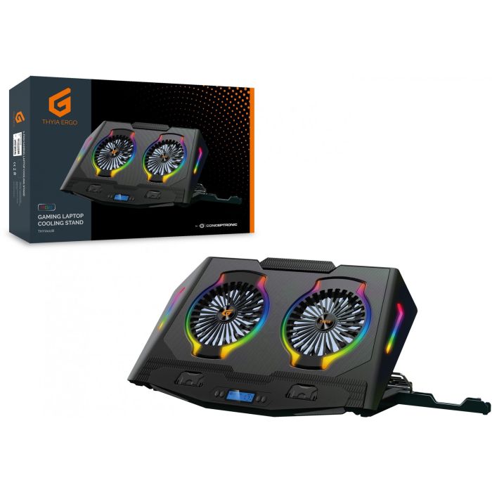Conceptronic THYIA02B Soporte Base Refrigeración para Portátiles Gaming hasta 17" con Iluminación RGB Ajustable y 2 Ventiladores 1