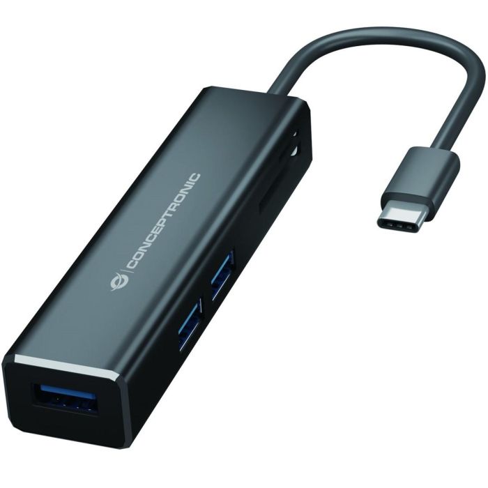 Conceptronic DONN08B Adaptador Hub USB Tipo C a 3x USB 3.0 con Lector de Tarjetas SD/MicroSD Negro
