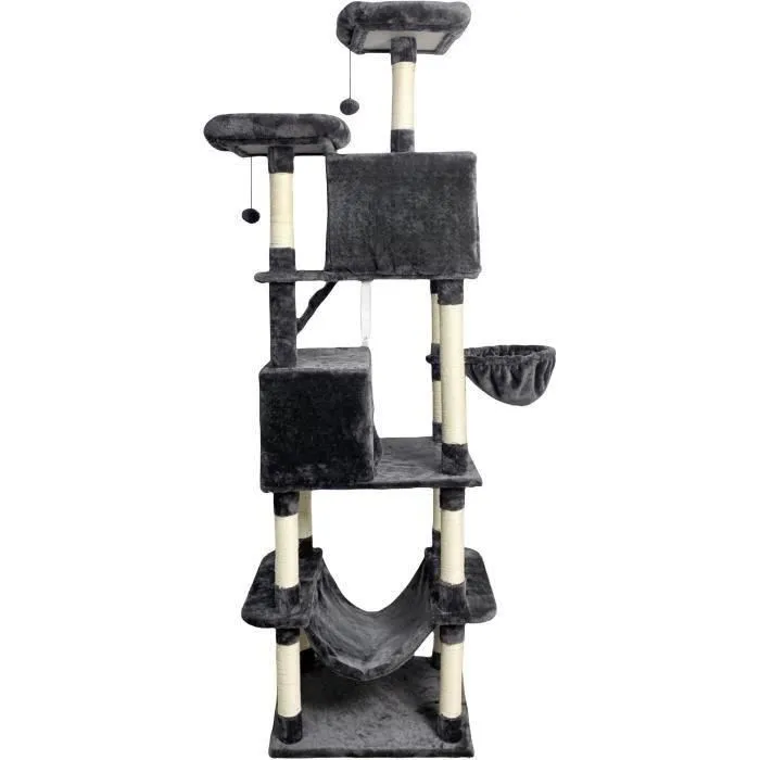 Aucune AL105 Rascador para gatos - 60 x 50 x 206 cm - Gris oscuro - 2 plataformas, 1 percha, 2 cabinas, 1 hamaca 2