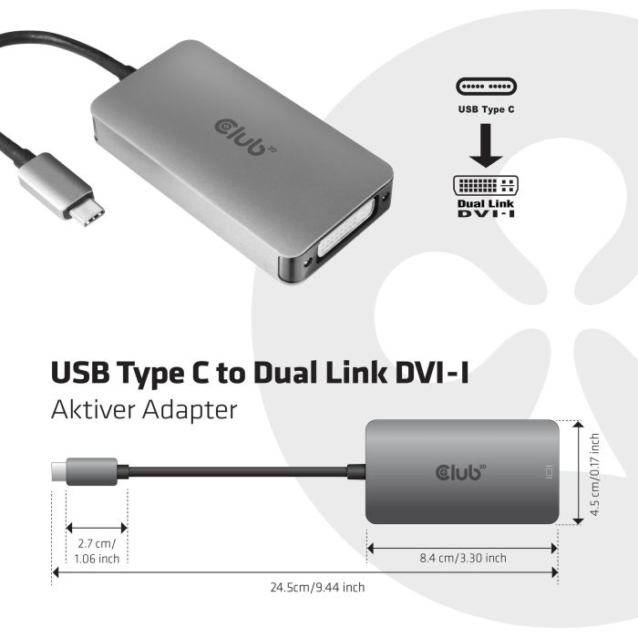 Club 3D Adaptador USB C a DVI-D Activo cac-1510 Dual Link 3840 x 2160 Pixeles Gris 1