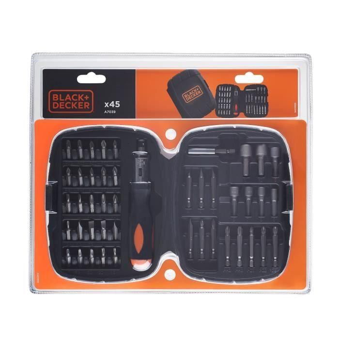 Black+Decker Kit Atornillar 45 piezas con destornillador de trinquete, soporte magnético, puntas Torx Phillips planas Hex y vasos 4 Black+Decker Kit Atornillar 45 piezas con destornillador de trinquete, soporte magnético, puntas Torx Phillips planas Hex y vasos 4