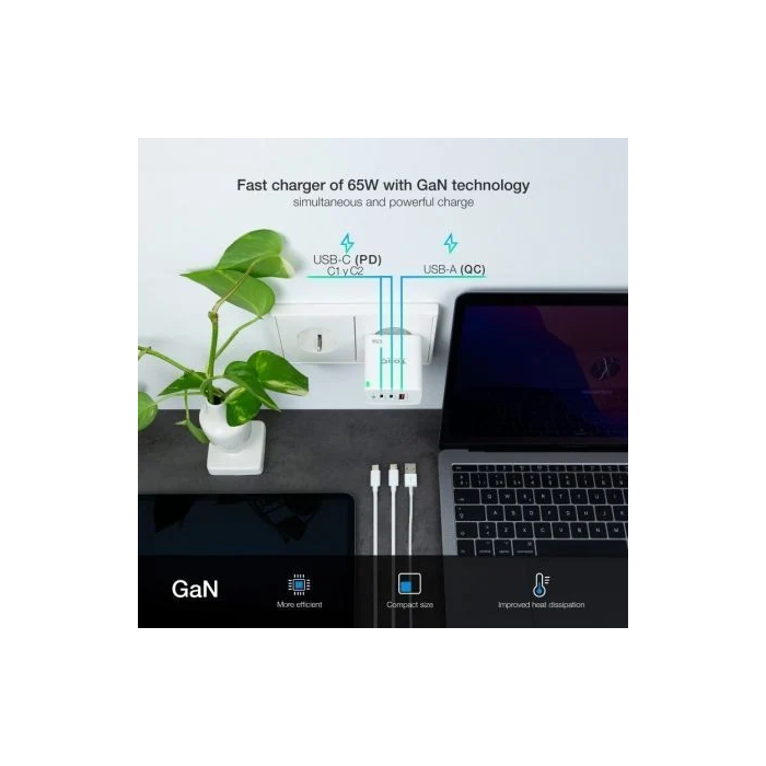 TOOQ CARGADOR DE PARED GaN 2USB-C/PD + USB-A/QC 65W 4
