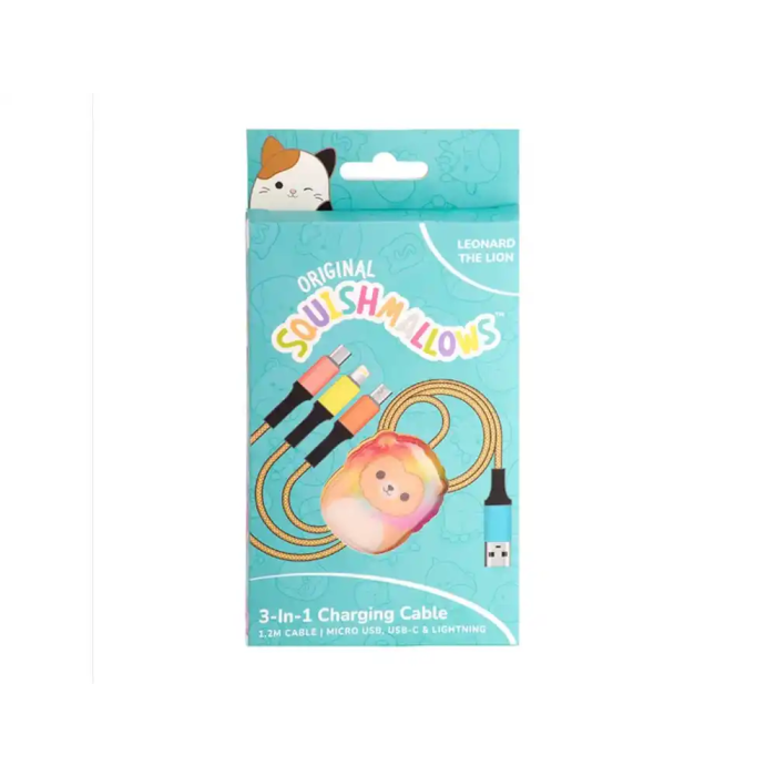 Wondee Cable de carga Squishmallows 3 en 1 (micro USB, USB-C, Lightning) Leonard El León 1.2 m, trenzado, carga rápida, licencia oficial