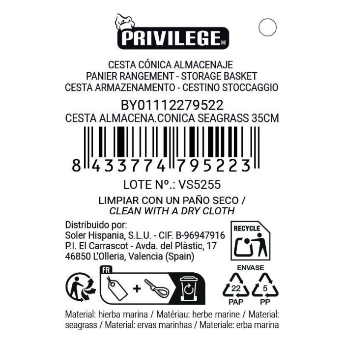 Privilege Cesta Cónica de Seagrass para Almacenamiento, 35 cm 10