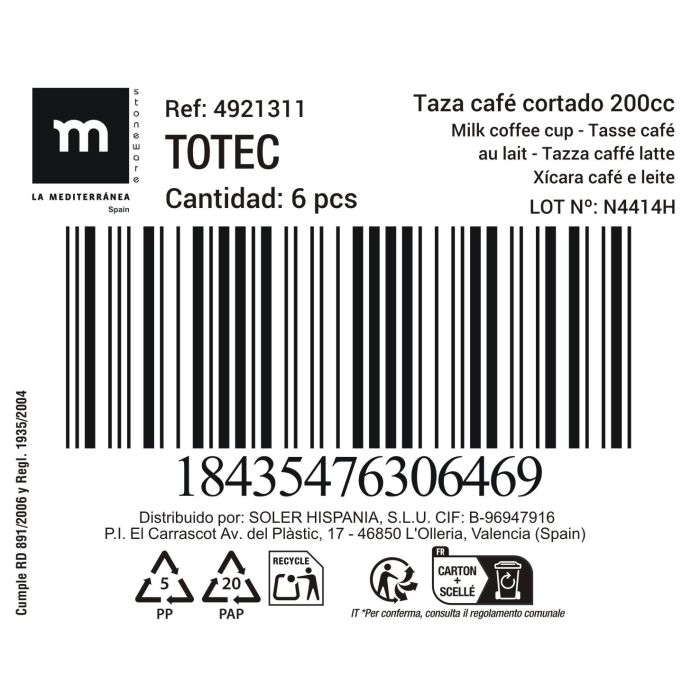 Inde Taza de Café Cortado Totec de 200 cc - Ø7x8.5 cm (24 Unidades) 1