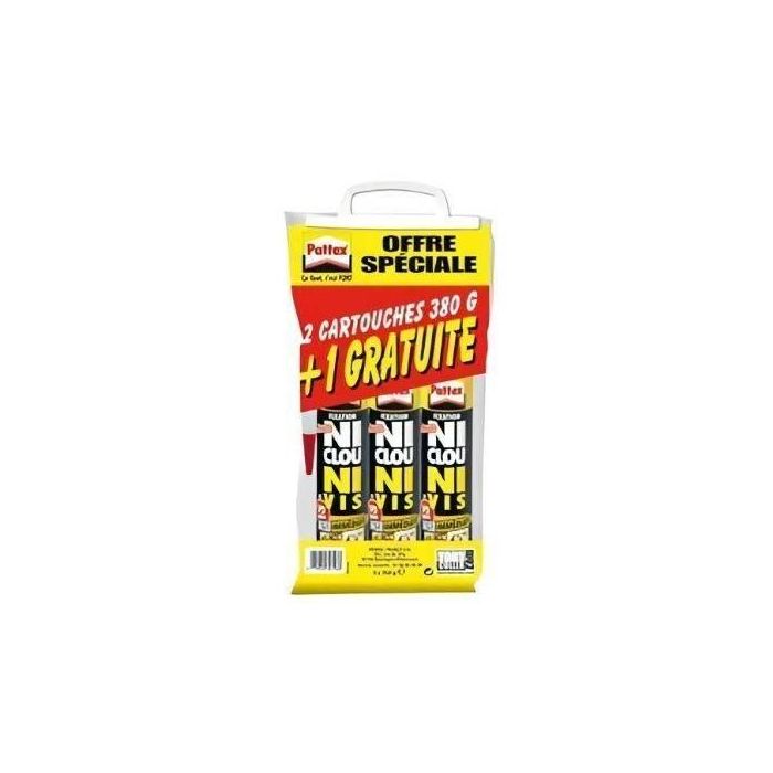 Pattex ni tornillo Ni Ni Chrono - Lote de 2 cartuchos 310ml 380g + 1 gratis Pattex ni tornillo Ni Ni Chrono - Lote de 2 cartuchos 310ml 380g + 1 gratis