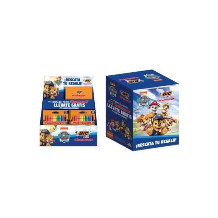 Bic Expositor Paw Patrol Lápices de Cera Plastidecor y Cuadernos Núm. artículo 300556 - 24 Packs de 12 Unidades de Ceras Surtido de Colores