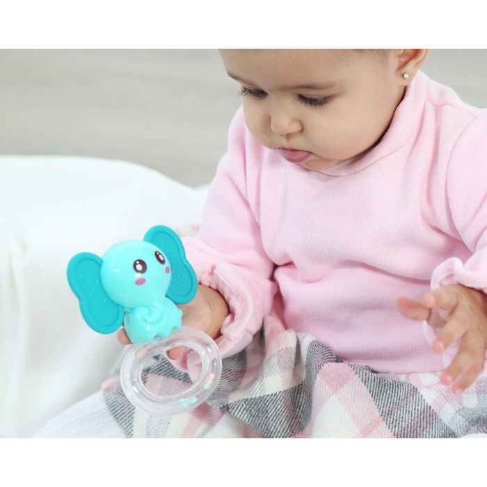 KioKids Mordedor Sonajero Elefante de Silicona para Bebés +3 Meses | Alivio Dentición Encías - Estimula Tacto, Vista, Oído | Azul 1