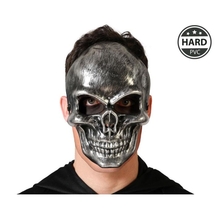 Máscara de Calavera Metálica PVC Rígido Plateada para Disfraces de Halloween, Góticos y Futuristas